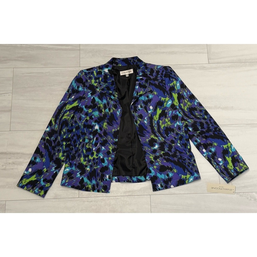 EVAN-PICONE 8P Purple Black Lime Abstract Print Open Front Blazer NWT